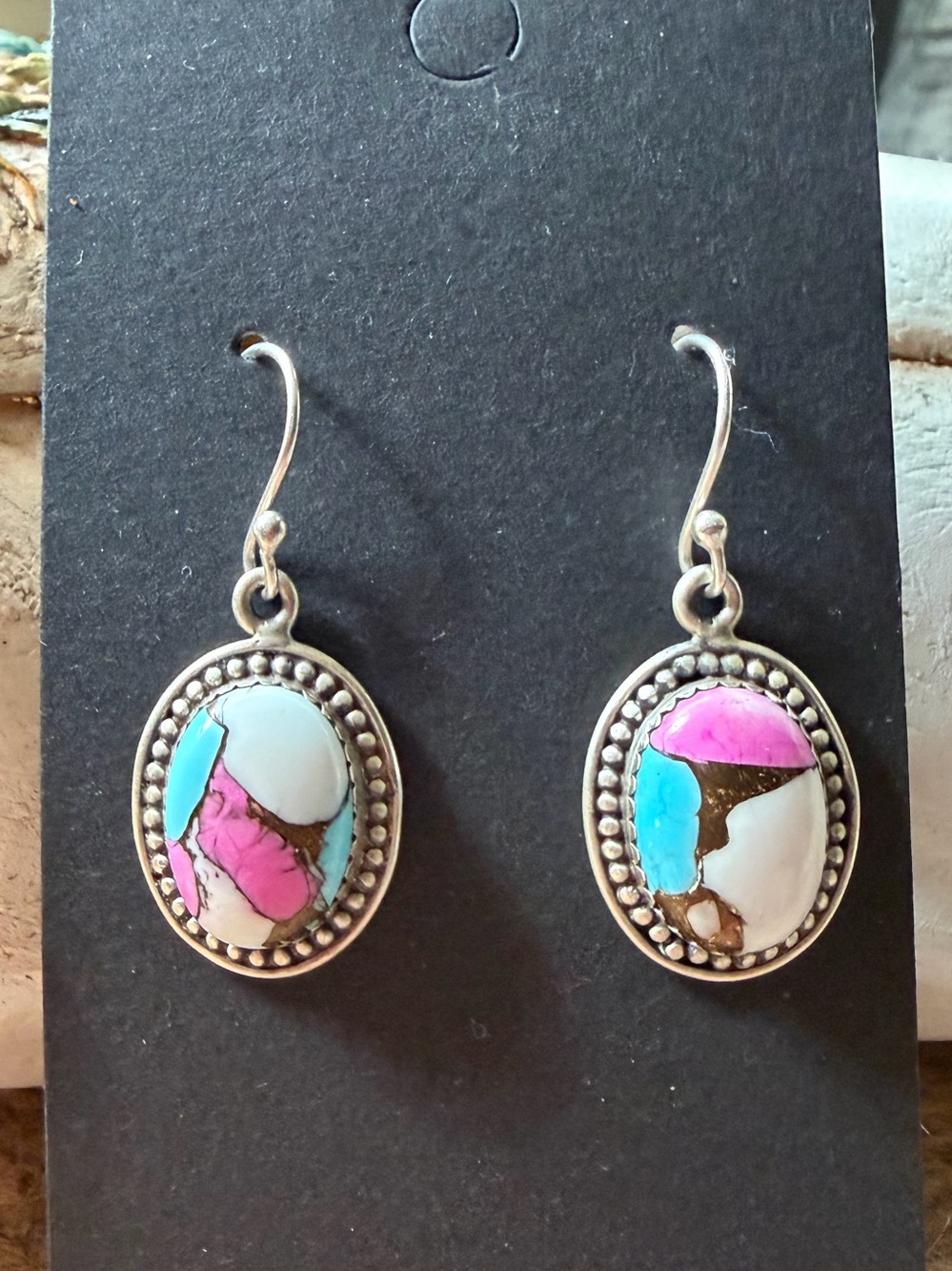 Silver-Tone Oval Cotton Candy Dahlia Drop Earrings with Pink & Turquoise Accents